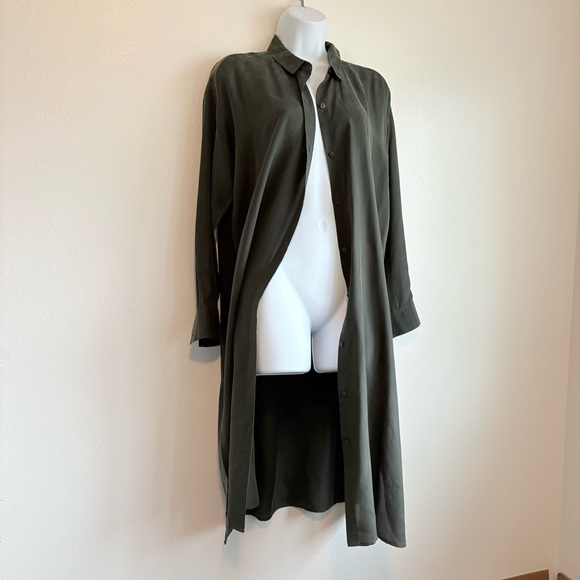 Eileen Fisher Deep Green 100% Silk  Button Up Shirt Dress SzXS Oversized Luxury - Picture 1 of 13